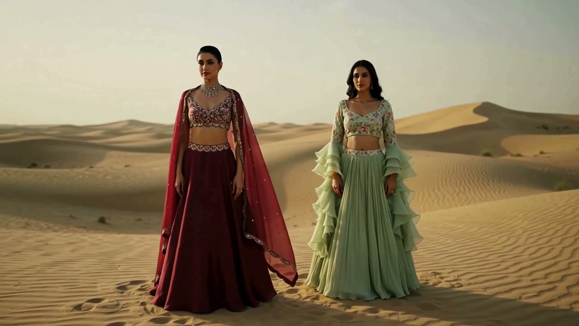 House of R green couture looks in a moonlit architectural setting